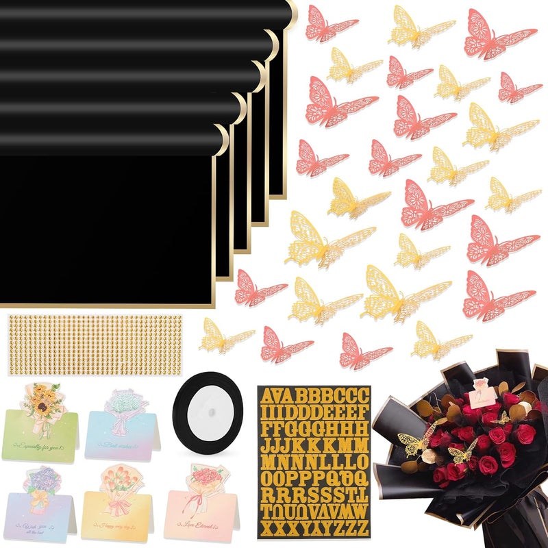 Besuper 52Pcs Flower Bouquet Wrapping Paper Kit, 20 Sheets Black Waterproof Floral Wrapping Paper, 1 Letter 1 Rhinestone Sticker, 12 Gold 12 Pink Butterflies, 5 Cards, 1 Black Ribbon (Gold Edge) - Image 1
